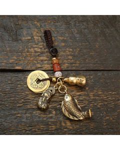 Buddha Stones Brass Koi Fish Gourd Five Emperor Coins Wealth Braided Keychains - Coins Pi Xiu Gourd
