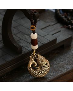 Buddha Stones Brass Koi Fish Success Braided Round Charm Keychains - White Bead Rope