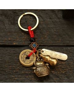 Buddha Stones Brass Lucky Cat Chinese Coin Wealth Keychains - Red Cord Coins