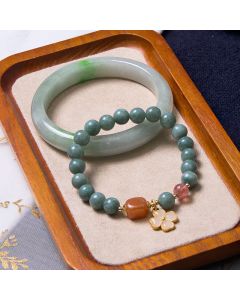 Buddha Stones Bring Good Luck Green Jade Bracelet Bangle Bundle - Jade Bracelet&Jade Bangle 63-64mm