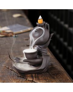 Buddha Stones Buddha Hand Holding Teapot Cup Ceramic Backflow Smoke Fountain Healing Incense Burner Decoration - Brown Red 13.7*9*13.9cm