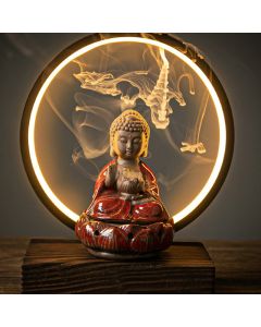 Buddha Stones Buddha Lotus Backflow Smoke Fountain Ceramic Blessing Incense Burner With Light Decoration - Brown Buddha