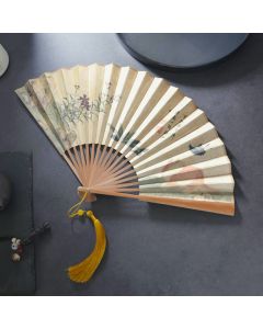 Buddha Stones Butterfly Cat Flower Handheld Cotton Linen Fabric Bamboo Folding Fan - Butterfly Cat Flower 26.6cm