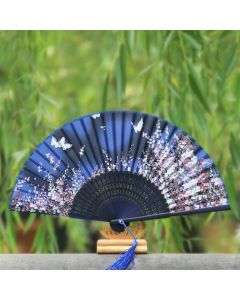 Buddha Stones Butterfly Flowers Handheld Bamboo Folding Fan - Rose Red