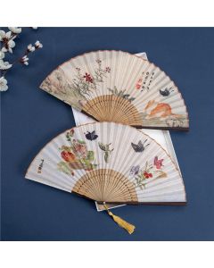 Buddha Stones Butterfly Orchid Cat Handheld Cotton Linen Bamboo Folding Fan 22cm - Cat 22cm