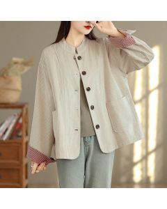 Buddha Stones Buttons Design Corduroy Long Sleeve Women's Jacket With Pockets - Beige / US4，UK/AU8，EU36 (L)