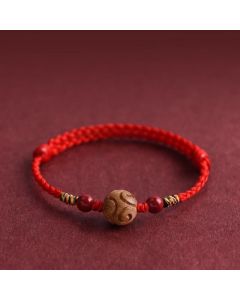 Buddha Stones Carved Auspicious Pattern Natural Peach Wood Rope Luck Bracelet - Black Rope(Wrist Circumference: 13-18cm)