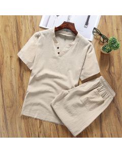 Buddha Stones Casual 2Pcs Plain Sleeve T-Shirt Shorts With Pockets Men's Meditation Cloth Set - White / US/UK/AU44，EU54 (4XL)