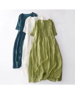 Buddha Stones Casual Accordion Pleat Plain V-neck Short Sleeve Midi Dress With Pockets - SteelBlue / US14，UK/AU18，EU46 (2XL)