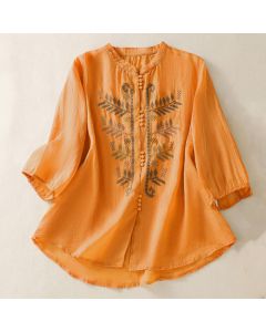Buddha Stones Casual Artistic Embroidery Leaves Pattern Women's Three Quarter Sleeve Shirt - White / US8-10，UK/AU12-14，EU40-42 (2XL)