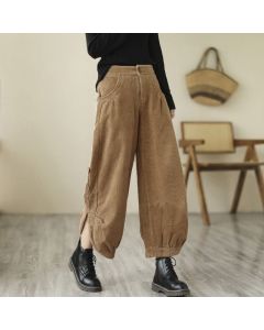 Buddha Stones Casual Buttons Leg Opening Design Women's Corduroy Pants With Pockets - SeaGreen / US4，UK/AU8，EU36 (L)