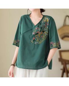 Buddha Stones Casual Colorful embroidery plants bird pattern Women's V-Neck Design Half Sleeve Cotton T-Shirt - Black / US8-10，UK/AU12-14，EU40-42 (2XL)