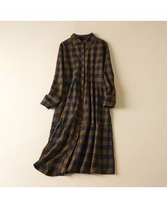 Buddha Stones Contrast Color Plaid Buttons Design Long Sleeve Midi Dress With Pockets - Crimson / US8-10，UK/AU12-14，EU40-42 (2XL)