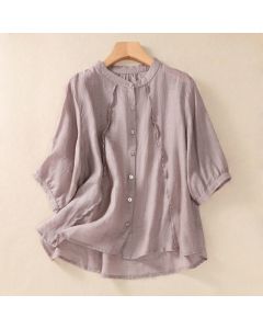Buddha Stones Casual Daily Plain Button Ruffled Design Stand Collar Women's Cotton Linen Three Quarter Sleeve Shirt - Tan / US4，UK/AU8，EU36 (L)