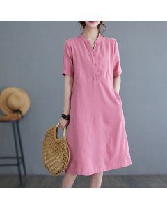 Buddha Stones Casual Daily Pure Color Button Design Short Sleeve Cotton Linen Midi Dress With Pockets - HotPink / US4，UK/AU8，EU36 (L)