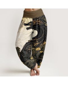 Buddha Stones Cotton Casual Dragon Ancient Tree Pattern Women's Elastic Waist Harem Pants - SteelBlue / US22，UK/AU26，EU54 (6XL)