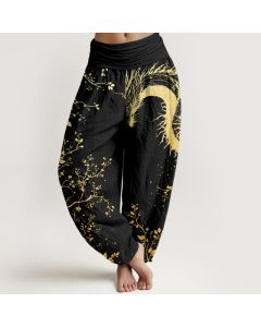 Buddha Stones Cotton Casual Dragon Flower Leaf Pattern Women's Elastic Waist Harem Pants - Maroon / US2，UK/AU6，EU34 (XS)