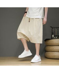 Buddha Stones Casual Drawstring Cotton Linen Men's Capri Harem Pants With Pockets - Tan / US/UK/AU46，EU56 (5XL)