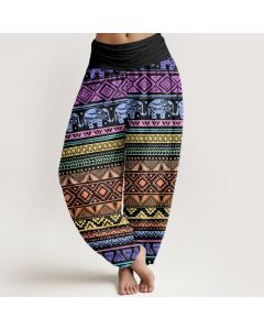 Buddha Stones Cotton Casual Elephant Geometric Figure Women's Elastic Waist Harem Pants - SlateGray / US2，UK/AU6，EU34 (XS)