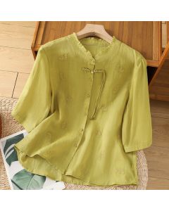 Buddha Stones Casual Embroidered Flowers Button Three Quarter Sleeve Cotton Women's Shirt - Khaki / US4，UK/AU8，EU36 (L)
