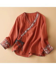 Buddha Stones Casual Embroidered Flowers Slant Collar Strap Long Sleeve Women's Shirt - Navy / US8-10，UK/AU12-14，EU40-42 (3XL)