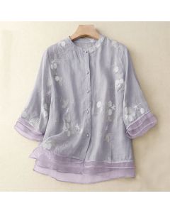 Buddha Stones Casual Embroidered Petals Spliced Women's Crew Neck Design Half Sleeve Shirt - LightGreen / US8-10，UK/AU12-14，EU40-42 (2XL)