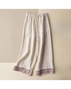Buddha Stones Casual Embroidery Bohemian Pattern Drawstring Women's Wide Leg Pants With Pockets - OldLace / US12，UK/AU16，EU44 (XL)