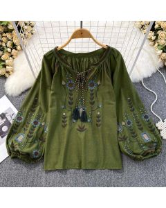 Buddha Stones Casual Embroidery Flower Leaf Pattern Women's Cotton Linen Round Neck T-shirt - BurlyWood / US4-6，UK/AU8-10，EU36-38 (F)