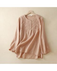 Buddha Stones Casual Embroidery Flower Round Neck Long Sleeve Cotton Linen Top Women's Shirts - Teal / US/UK/AU36，EU46 (L)