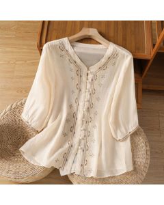 Buddha Stones Casual Embroidery Frog-Button Polyester Half Sleeve Women's V-neck Shirt - MistyRose / US12，UK/AU16，EU44 (2XL)