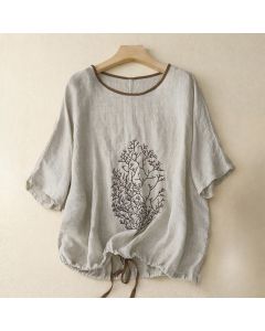 Buddha Stones Casual Embroidery Tree Drawstring Women's Crew Neck Design Half Sleeve T-Shirt - Chocolate / Long Sleeve / US14，UK/AU18，EU46 (2XL)