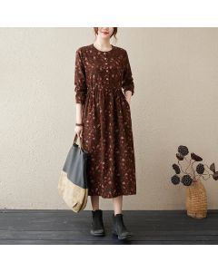Buddha Stones Ethnic Printing Floral Long Sleeve Buttons Design Midi Dress With Pockets - FireBrick / US12，UK/AU16，EU44 (3XL)