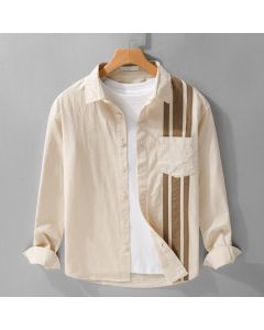 Buddha Stones Fall Lapel Color Contrast Patchwork Design Men's Long Sleeve Cotton Shirt With Pocket - Beige / US/UK/AU36，EU46 (L)
