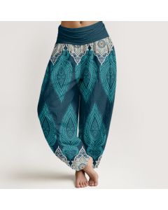 Buddha Stones Cotton Casual Feather Flower Design Women's Elastic Waist Harem Pants - MediumPurple / US22，UK/AU26，EU54 (6XL)