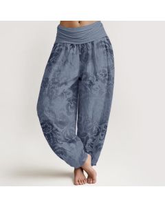 Buddha Stones Cotton Casual Flower Leaves Design Women's Elastic Waist Harem Pants - DarkSeaGreen / US22，UK/AU26，EU54 (6XL)