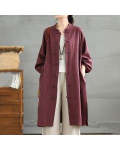 Buddha Stones Casual Frog-button Women's  Coat With Pockets - Beige / US12，UK/AU16，EU44 (2XL)