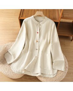 Buddha Stones Casual Frog-button Women's Long Sleeve Cotton Polyester Shirt With Pockets - Beige / US6，UK/AU10，EU38 (M)