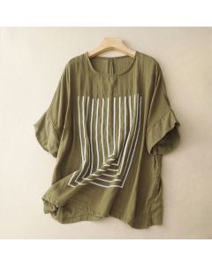 Buddha Stones Casual Line Printing Pattern Short Sleeve Cotton Linen Women's T-Shirt - Thistle / US12，UK/AU16，EU44 (2XL)