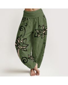 Buddha Stones Cotton Casual Lotus Auspicious Clouds Design Women's Elastic Waist Harem Pants - DarkMagenta / US22，UK/AU26，EU54 (6XL)