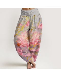 Buddha Stones Cotton Casual Lotus Flower Koi Fish Pattern Women's Harem Pants - DarkGray / US12，UK/AU16，EU44 (XL)