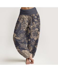 Buddha Stones Cotton Casual Peony Flowers Leaves Women's Elastic Waist Harem Pants - SkyBlue / US22，UK/AU26，EU54 (6XL)