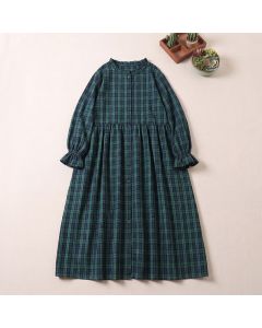 Buddha Stones Long Sleeve Plaid Simple Buttons Ruffled Design Midi Dress With Pockets - Black White Plaid / US8-10，UK/AU12-14，EU40-42 (2XL)