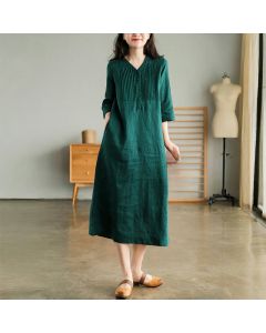 Buddha Stones Casual Plain Accordion Pleats V-neck Half Sleeve Design Midi Dress With Pockets - Coral / US12，UK/AU16，EU44 (3XL)
