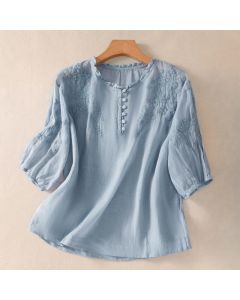 Buddha Stones Casual Plain Button Floral Embroidered Design Puff Half Sleeve Women's Shirt - LightPink / US8-10，UK/AU12-14，EU40-42 (2XL)
