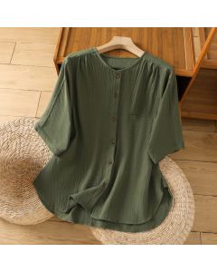 Buddha Stones Casual Plain Buttons Half Sleeve Women's Cotton Linen Shirt With Pocket - DarkGreen / US4，UK/AU8，EU36 (L)