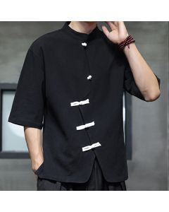 Buddha Stones Plain Chinese Frog-Button Stand Collar Cotton Linen Men's Half Sleeve Shirt - Black / US/UK/AU38，EU48 (XL)