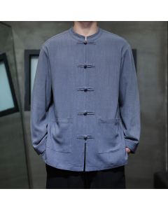 Buddha Stones Casual Plain Color Frog-button Linen Men's Jacket Shirt With Pockets - Black / US/UK/AU44，EU54 (4XL)