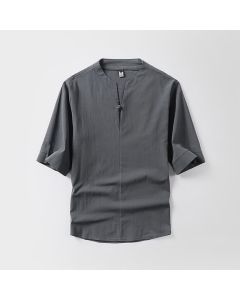 Buddha Stones Casual Plain Color One Button Three Quarter Sleeve Cotton Linen Men's Shirt - Gray / US/UK/AU38，EU48 (XL)