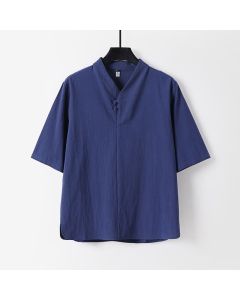 Buddha Stones Casual Plain Color Two Buttons Three Quarter Sleeve Cotton Linen Men's Shirt - DarkBlue / US/UK/AU36，EU46 (L)