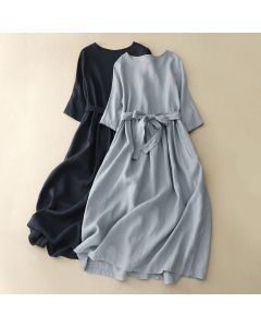 Buddha Stones Casual Plain Crew Neck Lace-up Half Sleeve Midi Dress With Pockets - SkyBlue / US8-10，UK/AU12-14，EU40-42 (2XL)